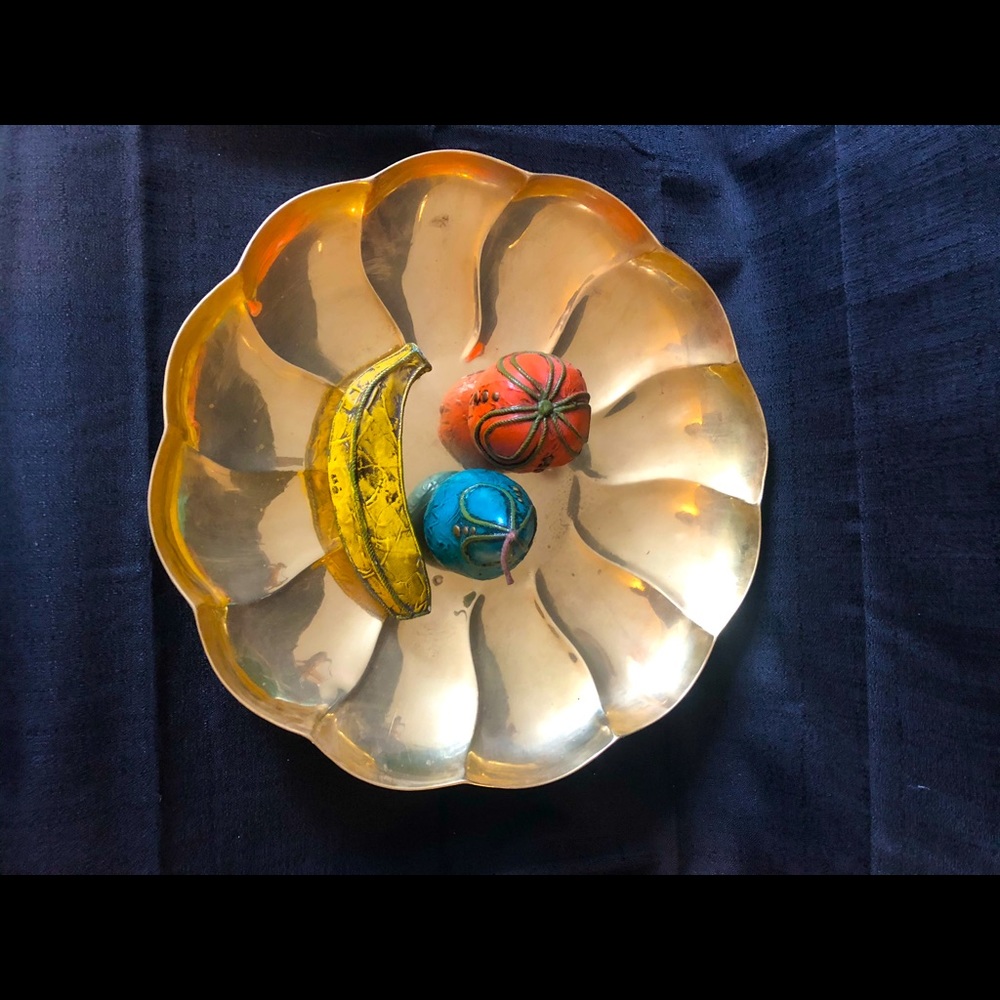 Scalloped solid brass bowl floral like decor; large 14” by 2.5” India import VTG
